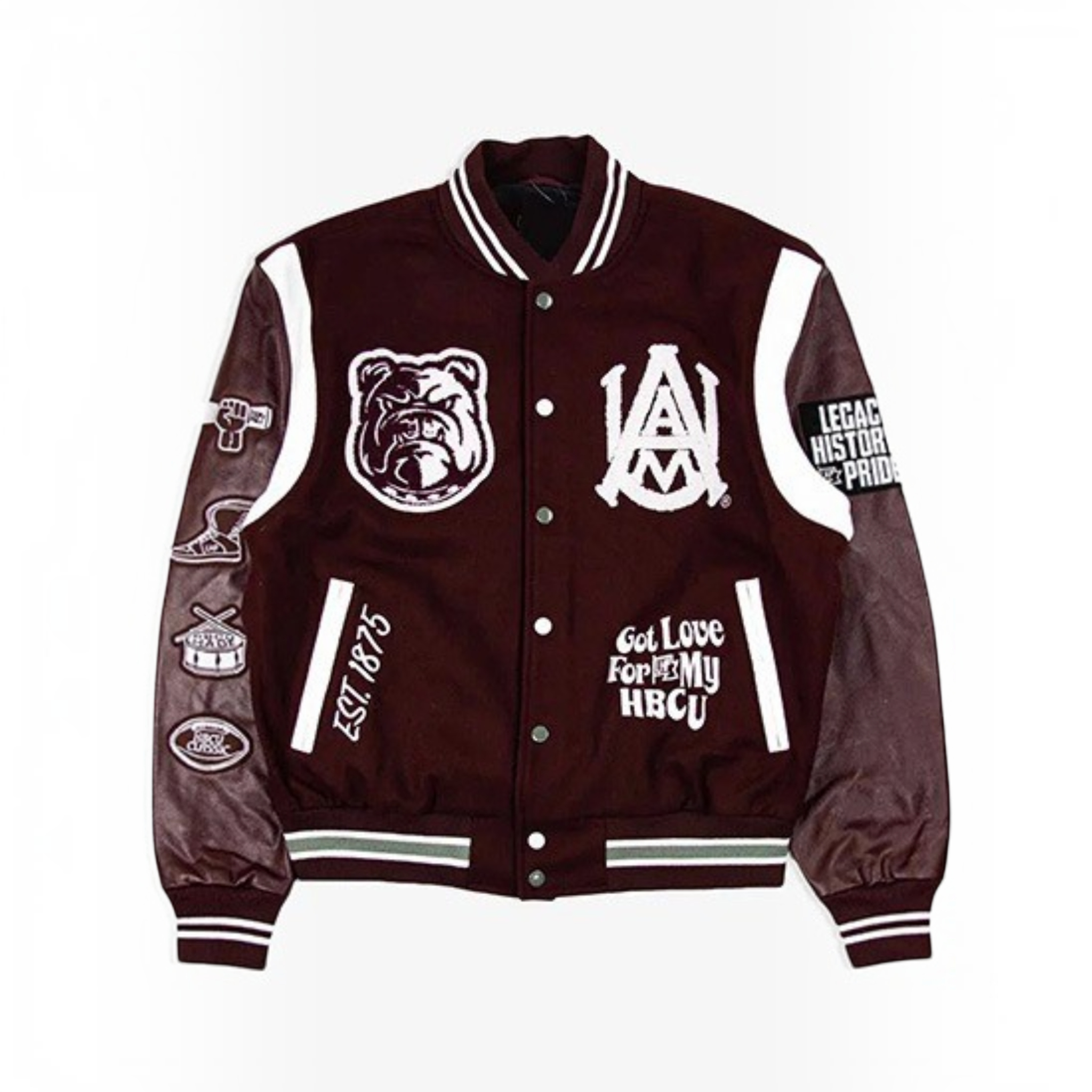 A dark maroon varsity-style jacket with white contrast panels, ribbed trim, and multiple white graphic patches including a bulldog emblem, 'LA' monogram, and text on the sleeves and front.
