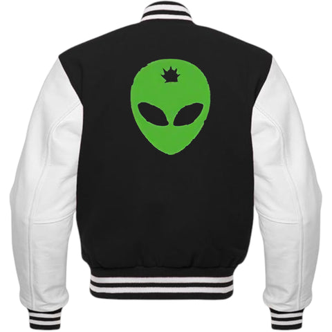 Black and white varsity jacket with a green alien symbol on the back