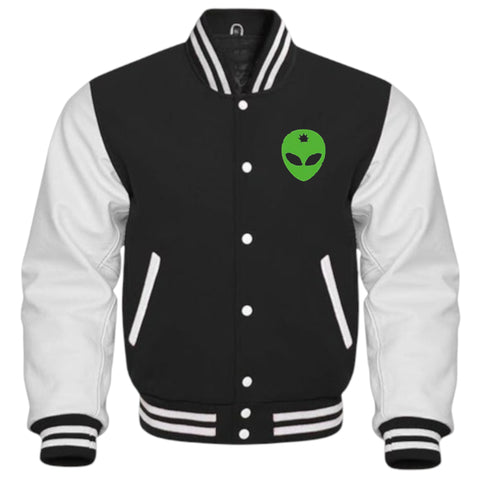 Black and white varsity jacket with a green alien symbol on a white background