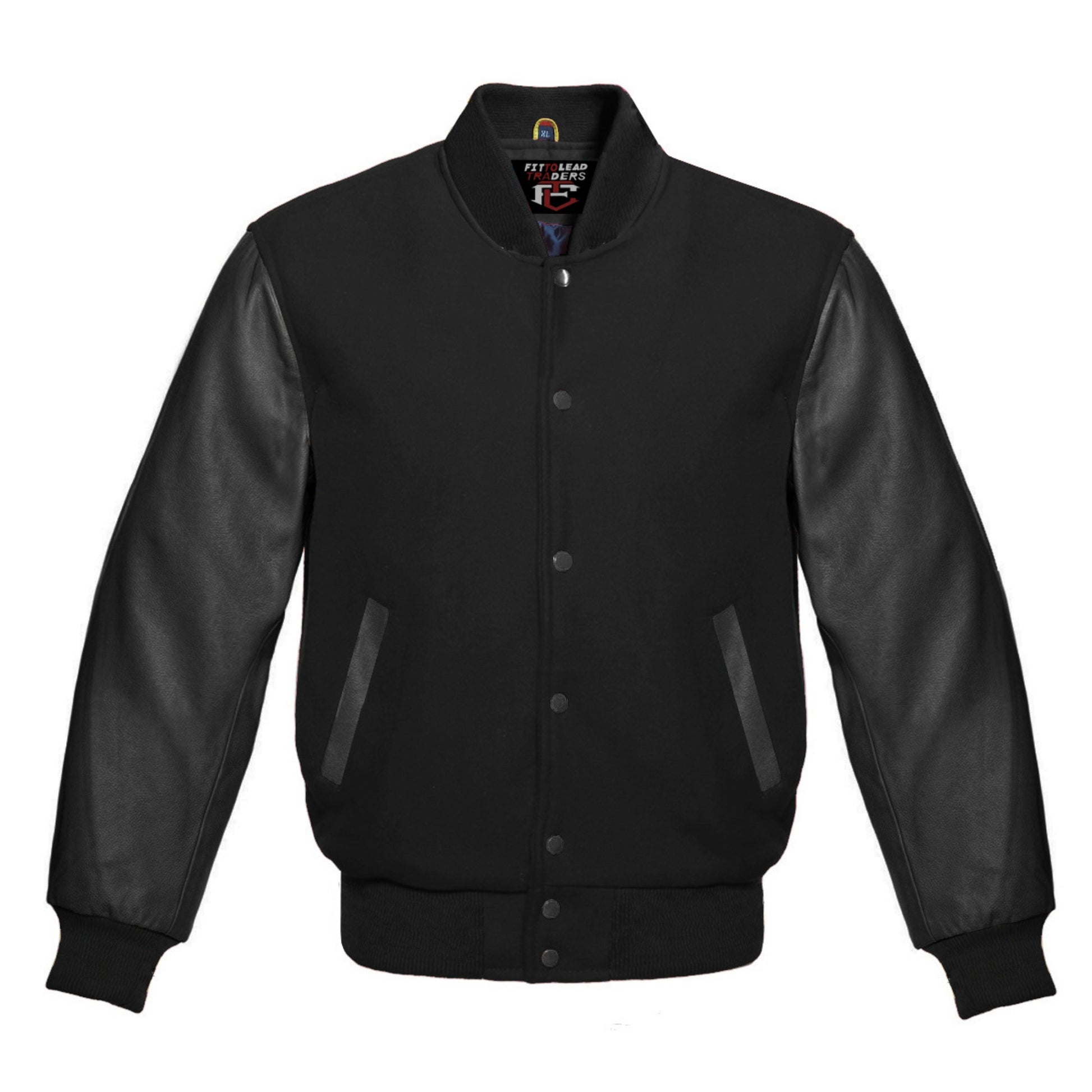 Black varsity jacket with leather sleeves on a white background
