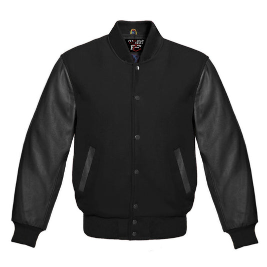Black varsity jacket with leather sleeves on a white background