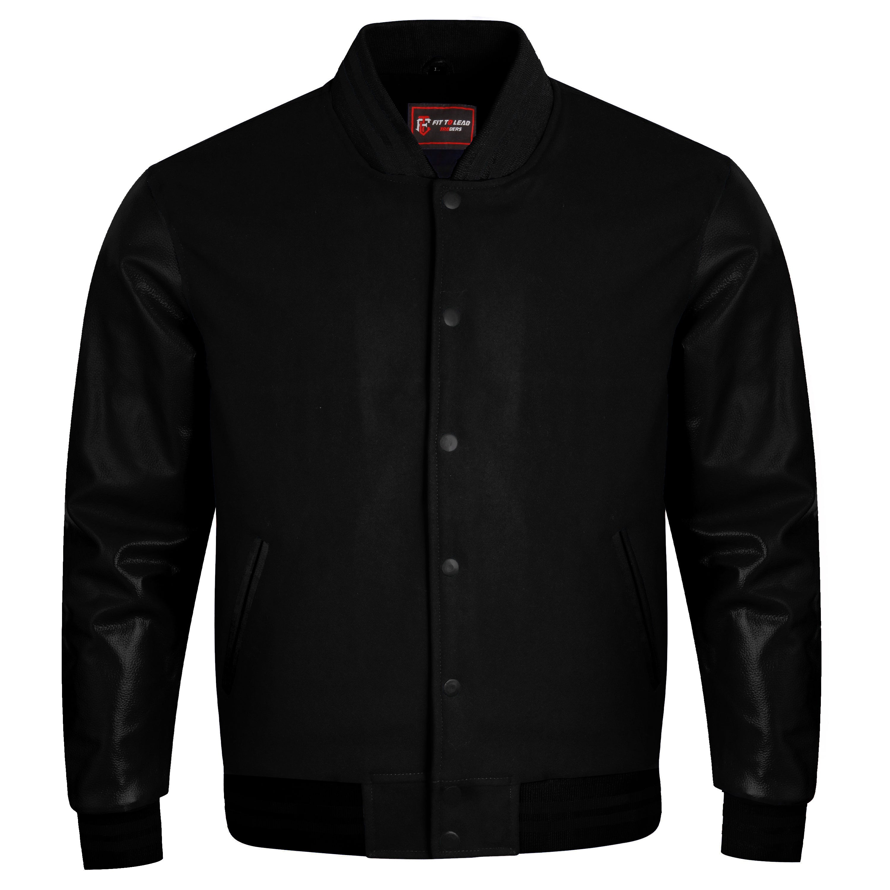 A black varsity-style jacket with a smooth matte body and glossy leather sleeves, featuring a snap-button front, ribbed collar, cuffs, and hem, shown on a plain white background.