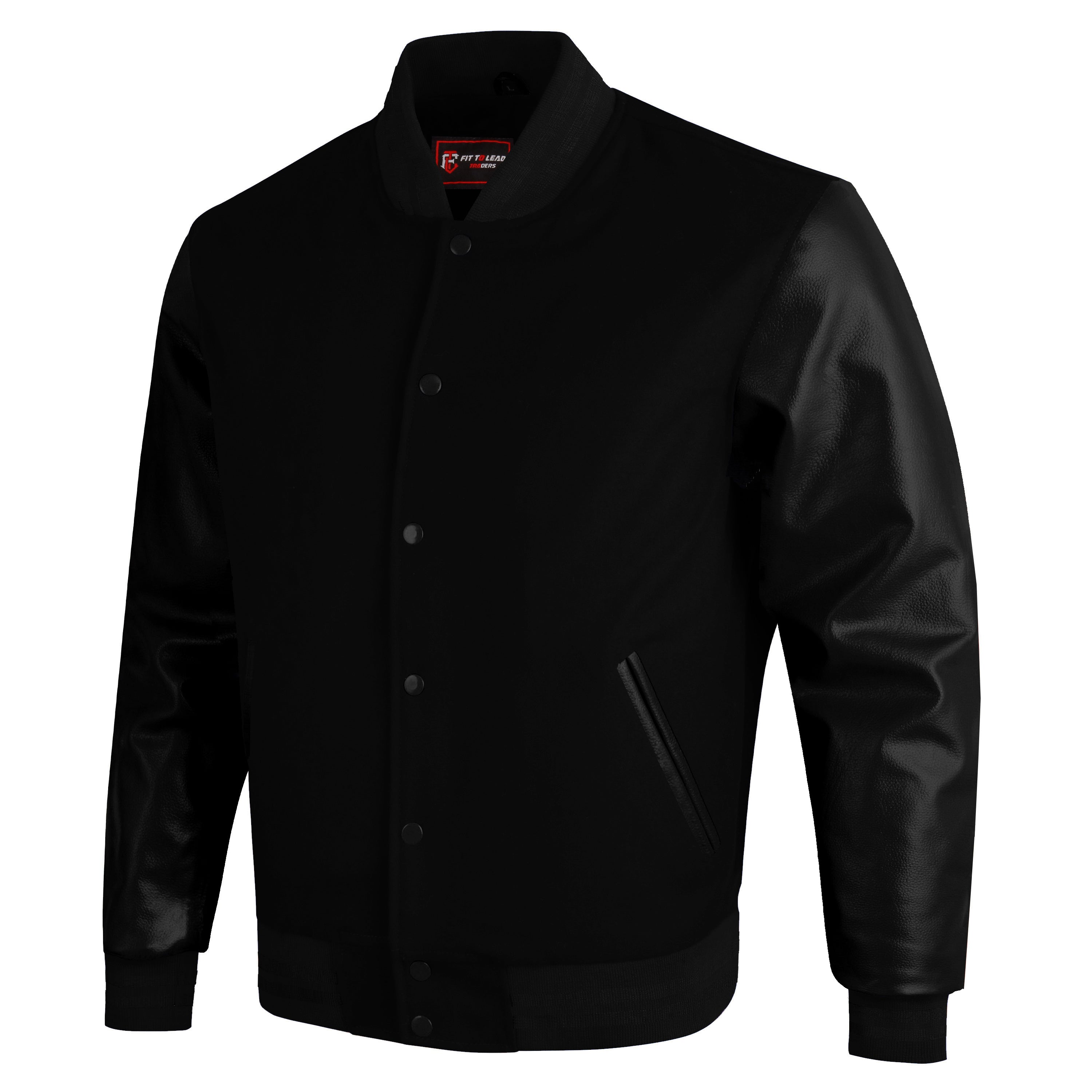 A black varsity-style jacket with black leather sleeves, a black ribbed collar, and a snap-button front, shown on a plain white background.