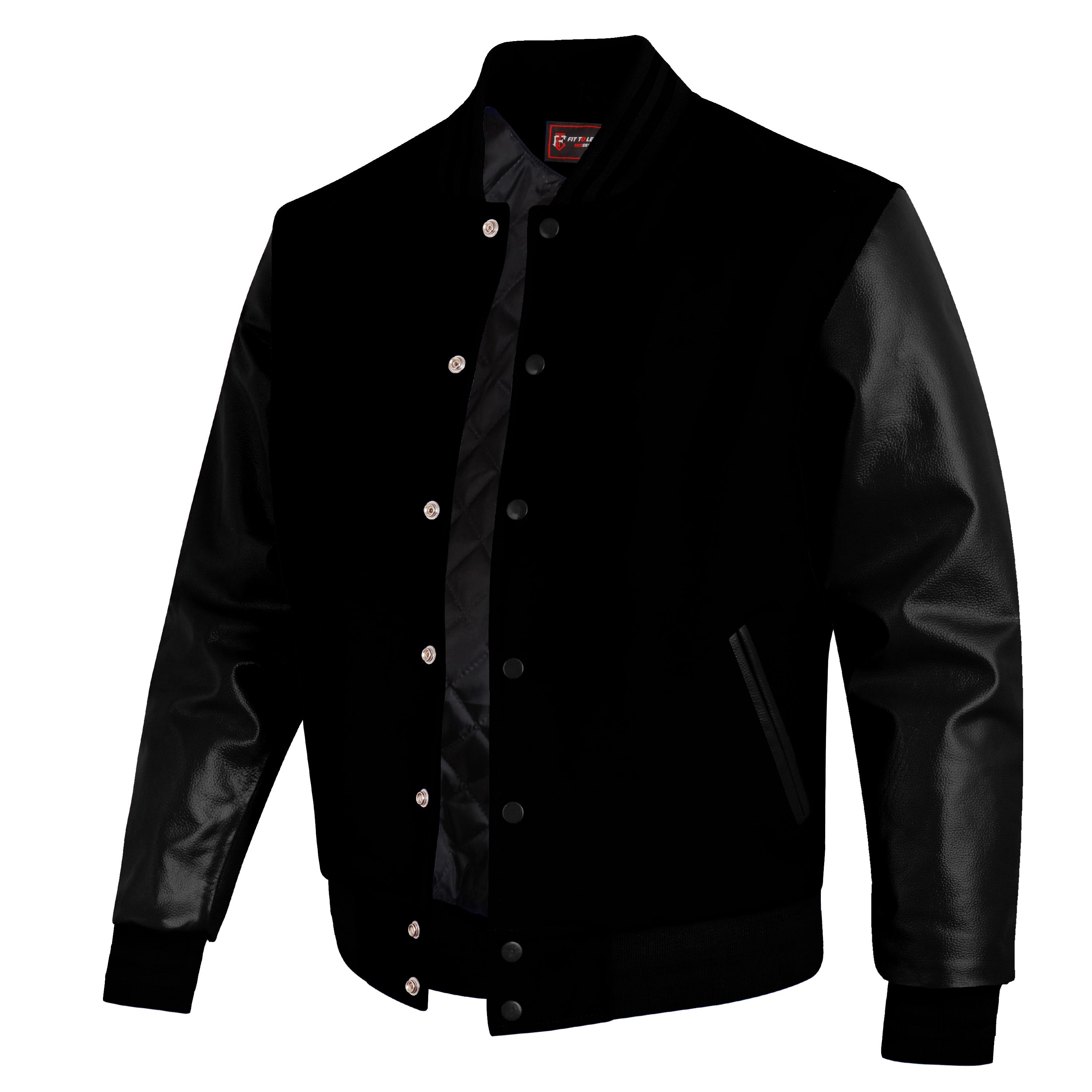 A black varsity-style jacket with a velvet body and smooth leather sleeves, featuring a snap-button front and ribbed trim, shown on a plain white background.