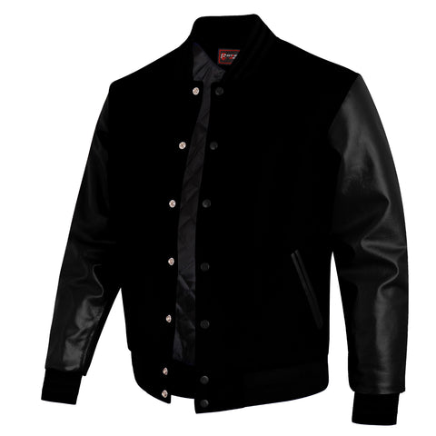 A black varsity-style jacket with a velvet body and smooth leather sleeves, featuring a snap-button front and ribbed trim, shown on a plain white background.