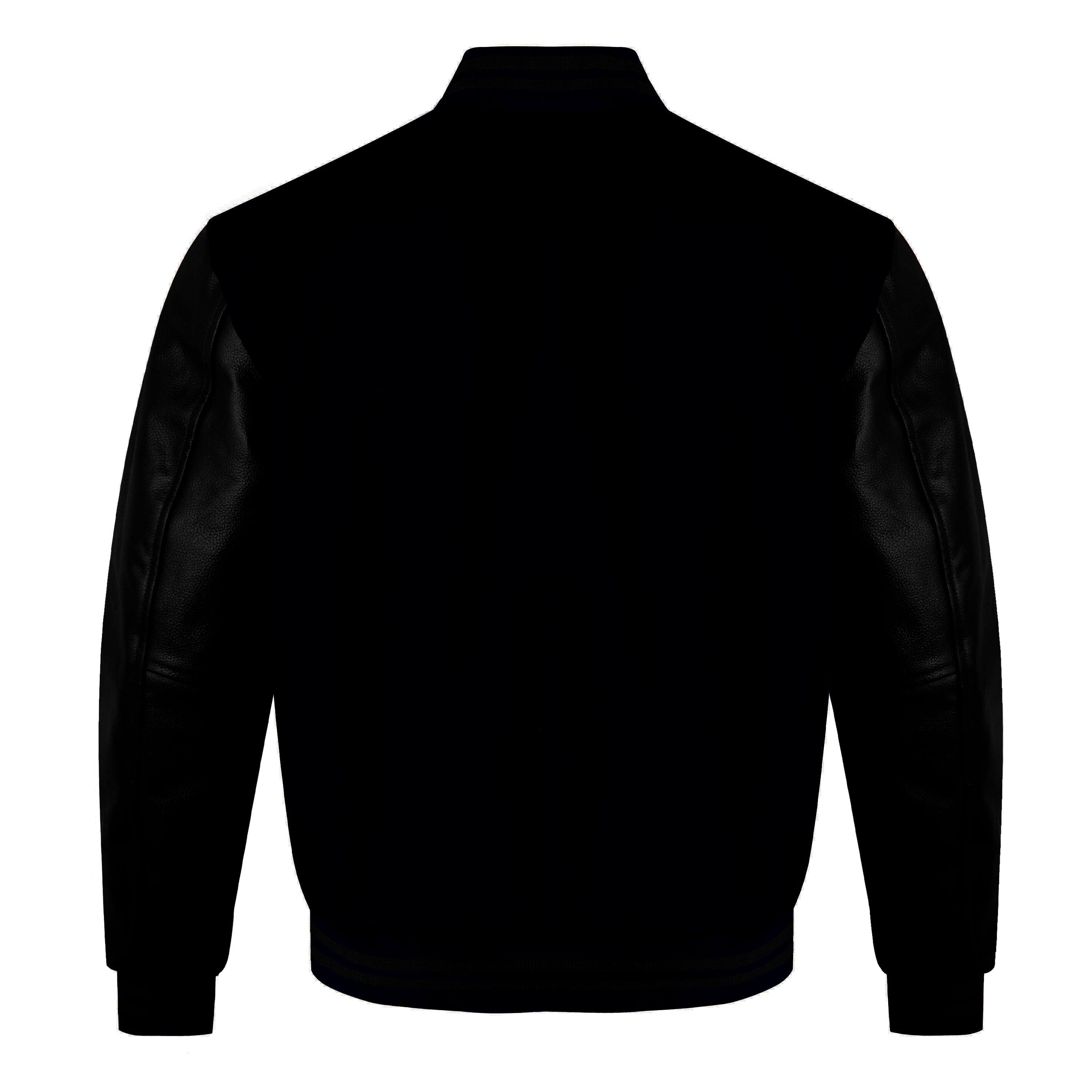 Black bomber jacket with smooth faux-leather sleeves, shown from the back on a plain white background.