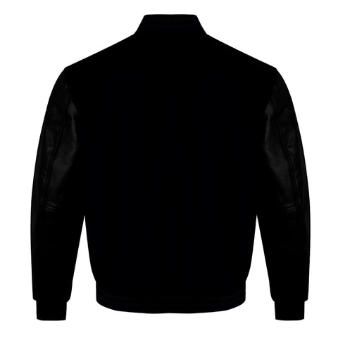 Black bomber jacket with smooth faux-leather sleeves, shown from the back on a plain white background.