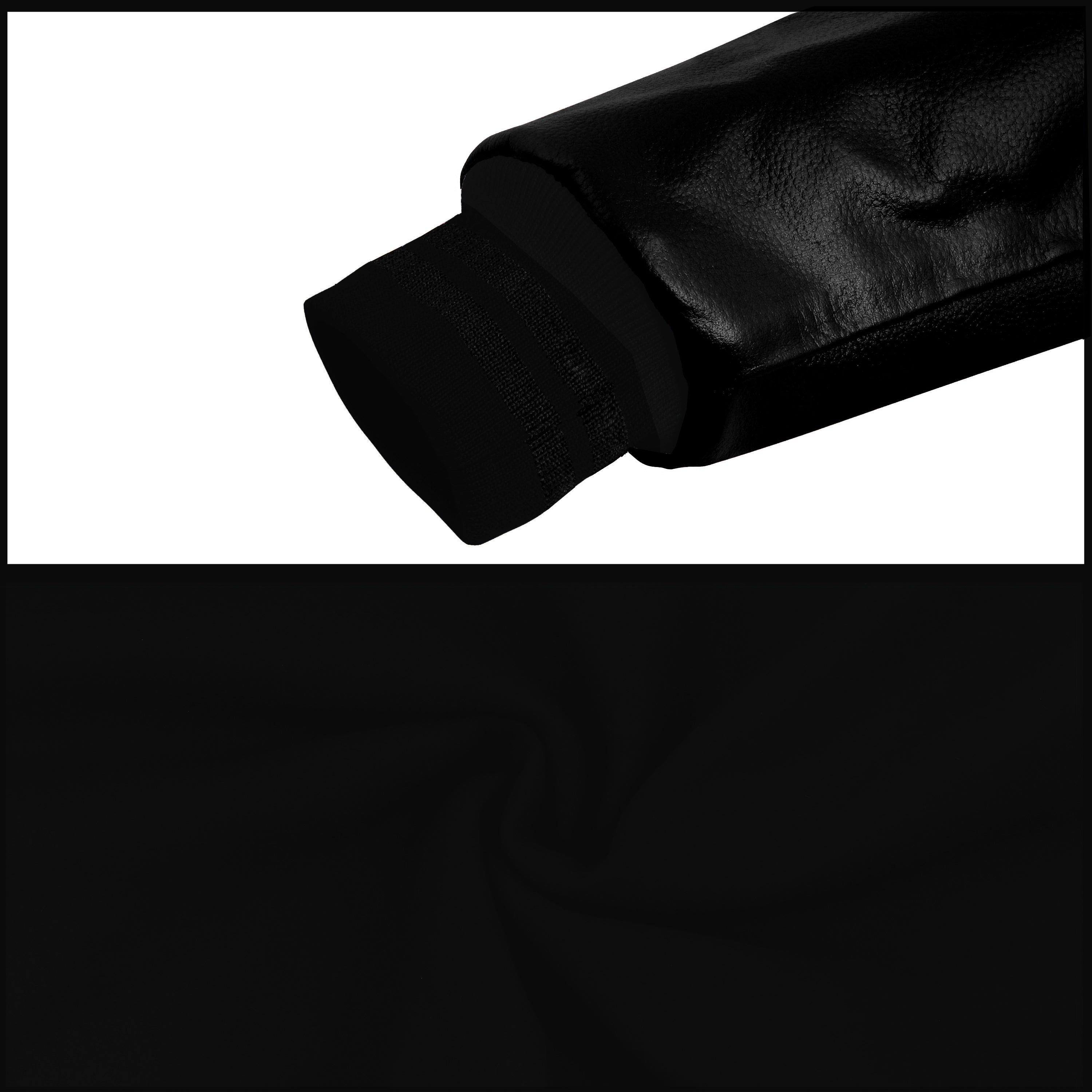 Close-up of a black sleeve or cuff with a smooth leather-like finish, shown against a white background with a large black fabric swatch below.