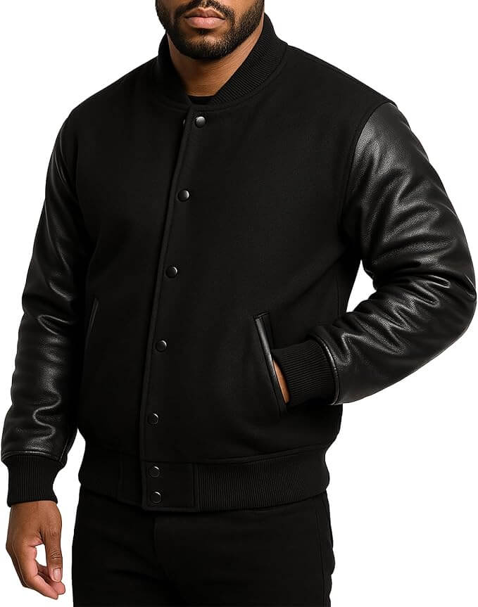 Varsity Jacket Black Wool & Leather Classic Collegiate Style