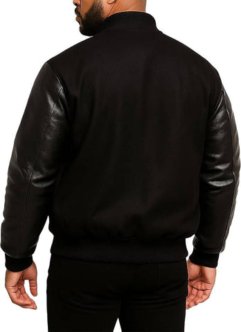 Varsity Jacket Black Wool & Leather Classic Collegiate Style