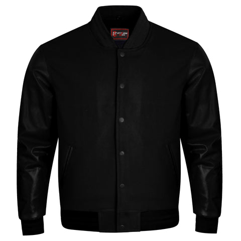 A black varsity-style jacket with a smooth matte body and glossy leather sleeves, featuring a snap-button front, ribbed collar, cuffs, and hem, shown on a plain white background.