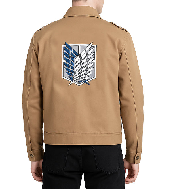 A tan military-style jacket shown from the back on a model, featuring a large Attack on Titan Scout Regiment wing emblem in blue, white, and gray.