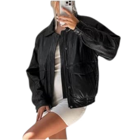 Person wearing a black leather jacket on a white background