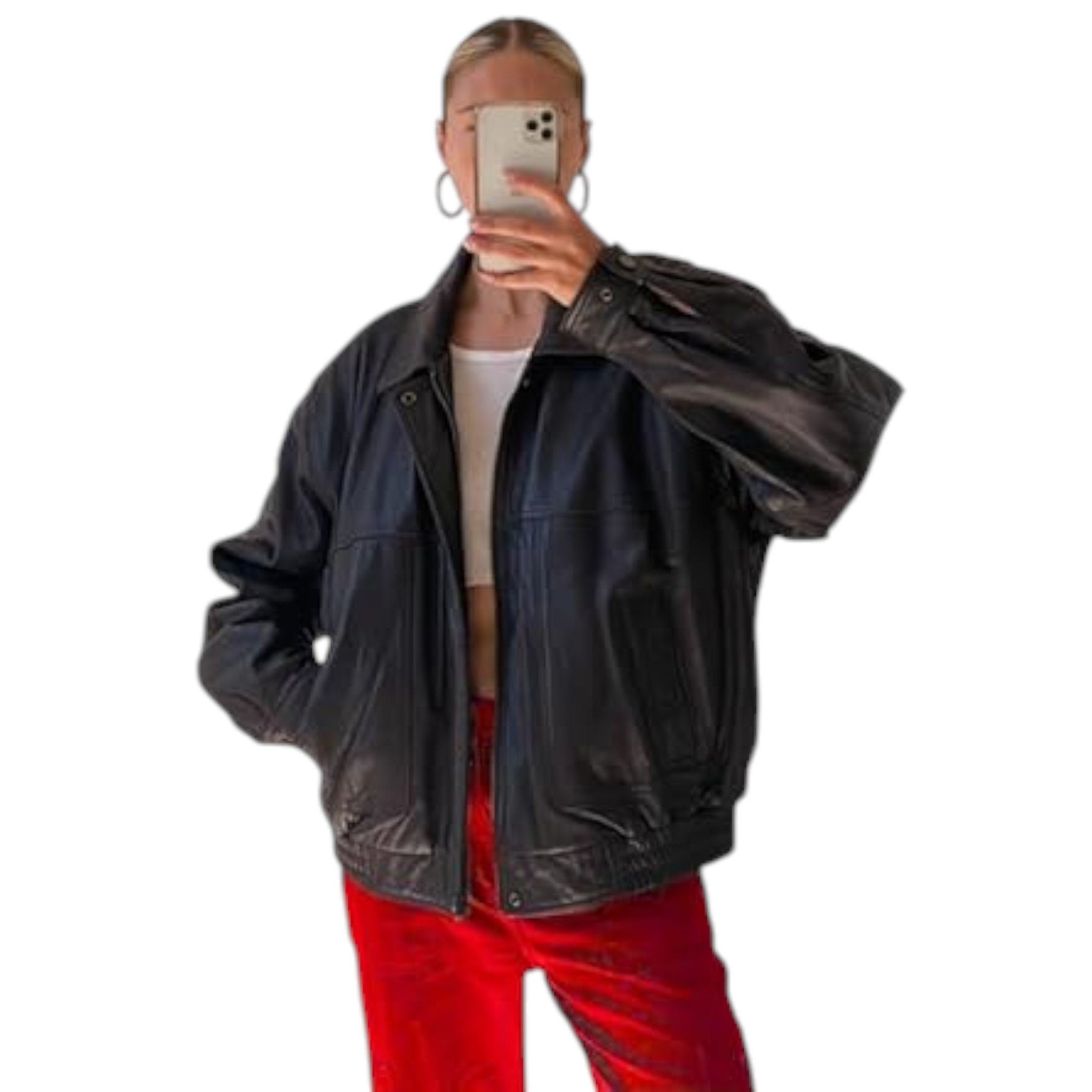 Person wearing a black leather jacket over a white shirt and red pants on a white background