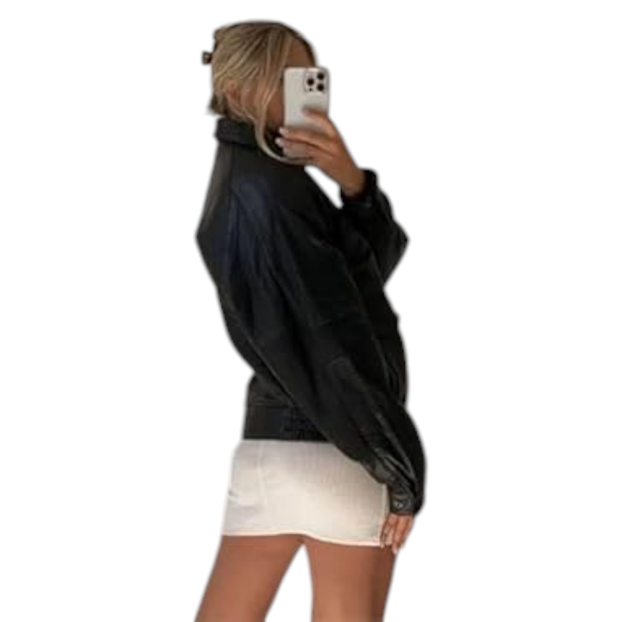 Person wearing a black jacket and white shorts on a white background