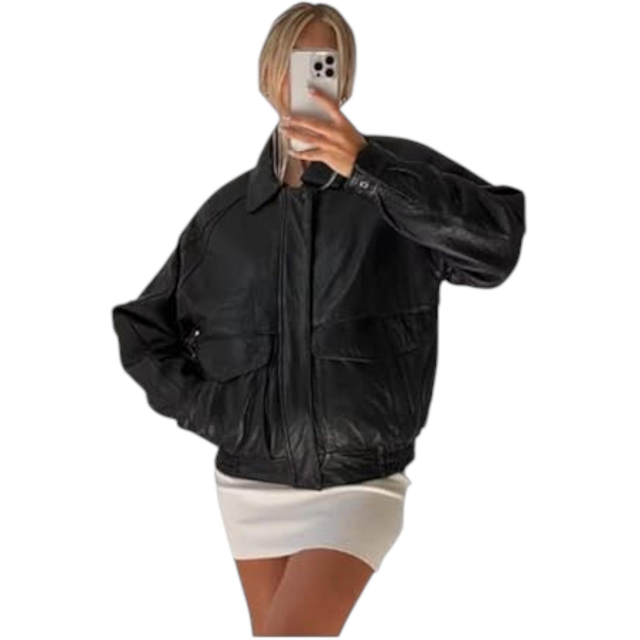 Person wearing a black leather jacket on a white background