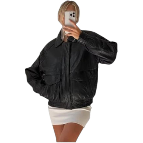Person wearing a black leather jacket on a white background