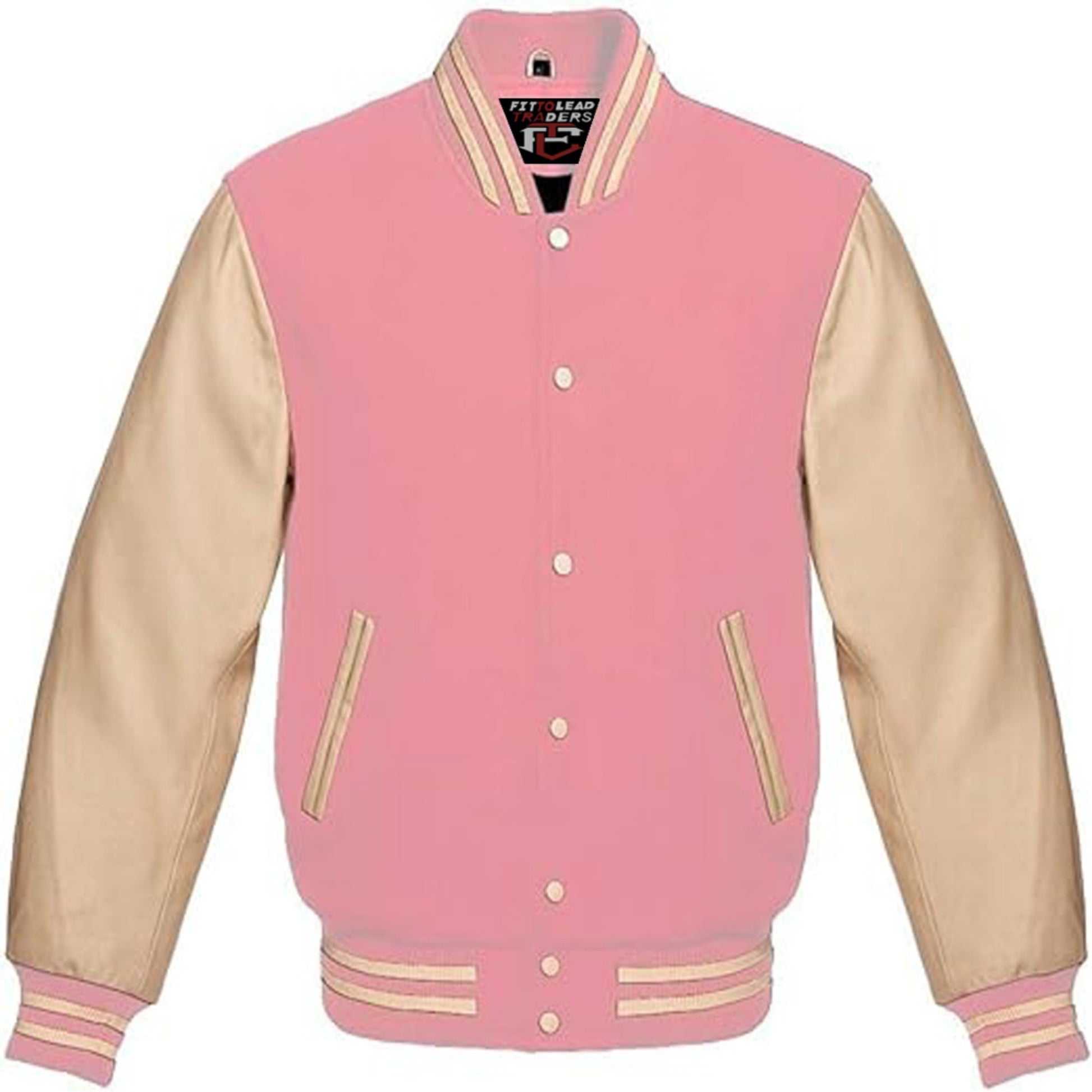 Pink and beige varsity jacket on a white background