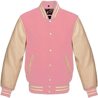 Pink and beige varsity jacket on a white background