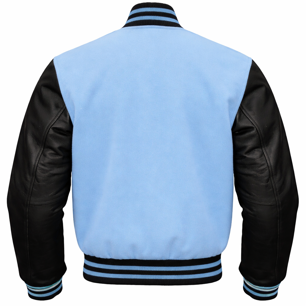 Baby Blue & Black Varsity Letterman Jacket – Wool & Leather Sleeves 