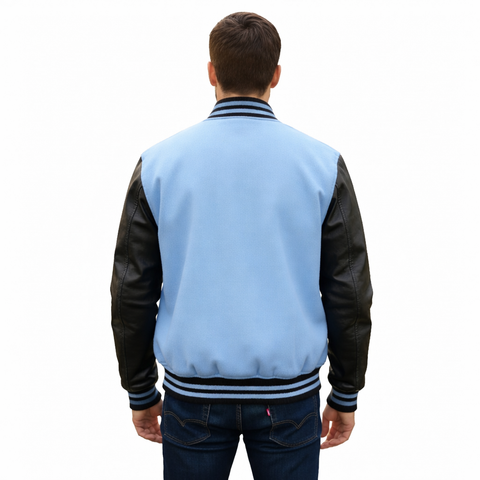 Baby Blue & Black Varsity Letterman Jacket – Wool & Leather Sleeves