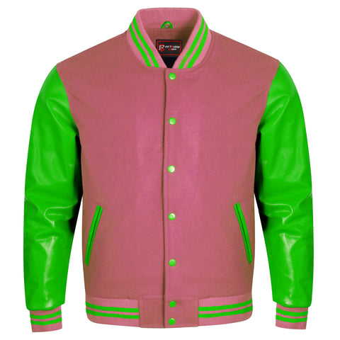 A varsity-style jacket with a dusty pink body and bright green leather sleeves, featuring green striped ribbed collar, cuffs, and hem, and matching green buttons.