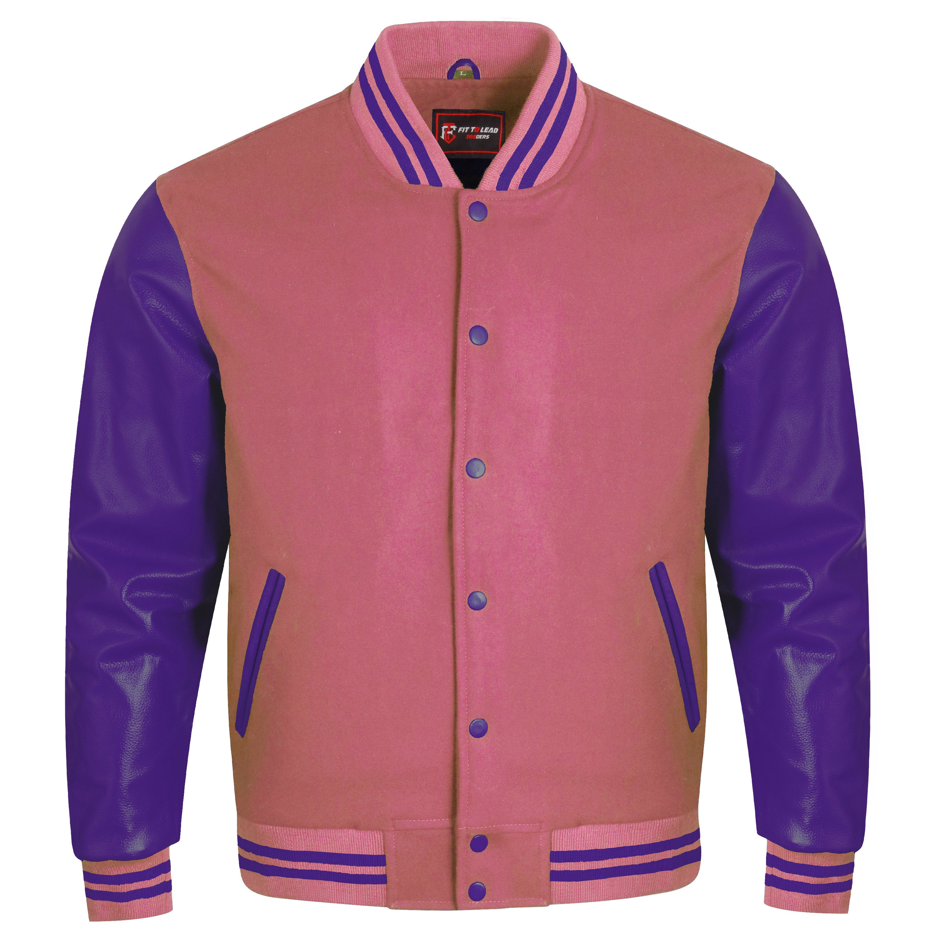 A varsity-style jacket with a dusty pink body and bright green sleeves, collar trim, and striped ribbing, shown on a plain white background.