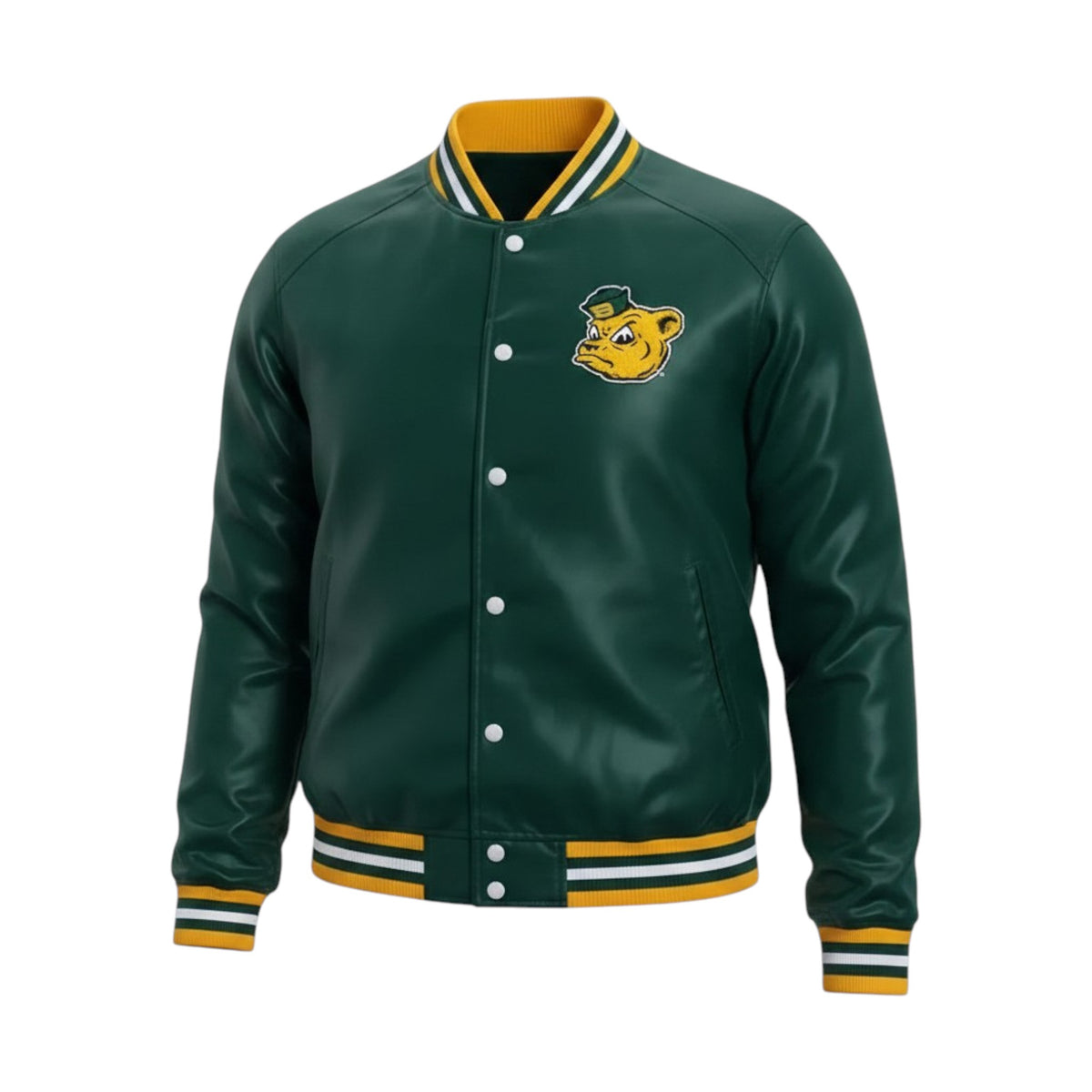 Green varsity jacket with yellow and black accents on a white background