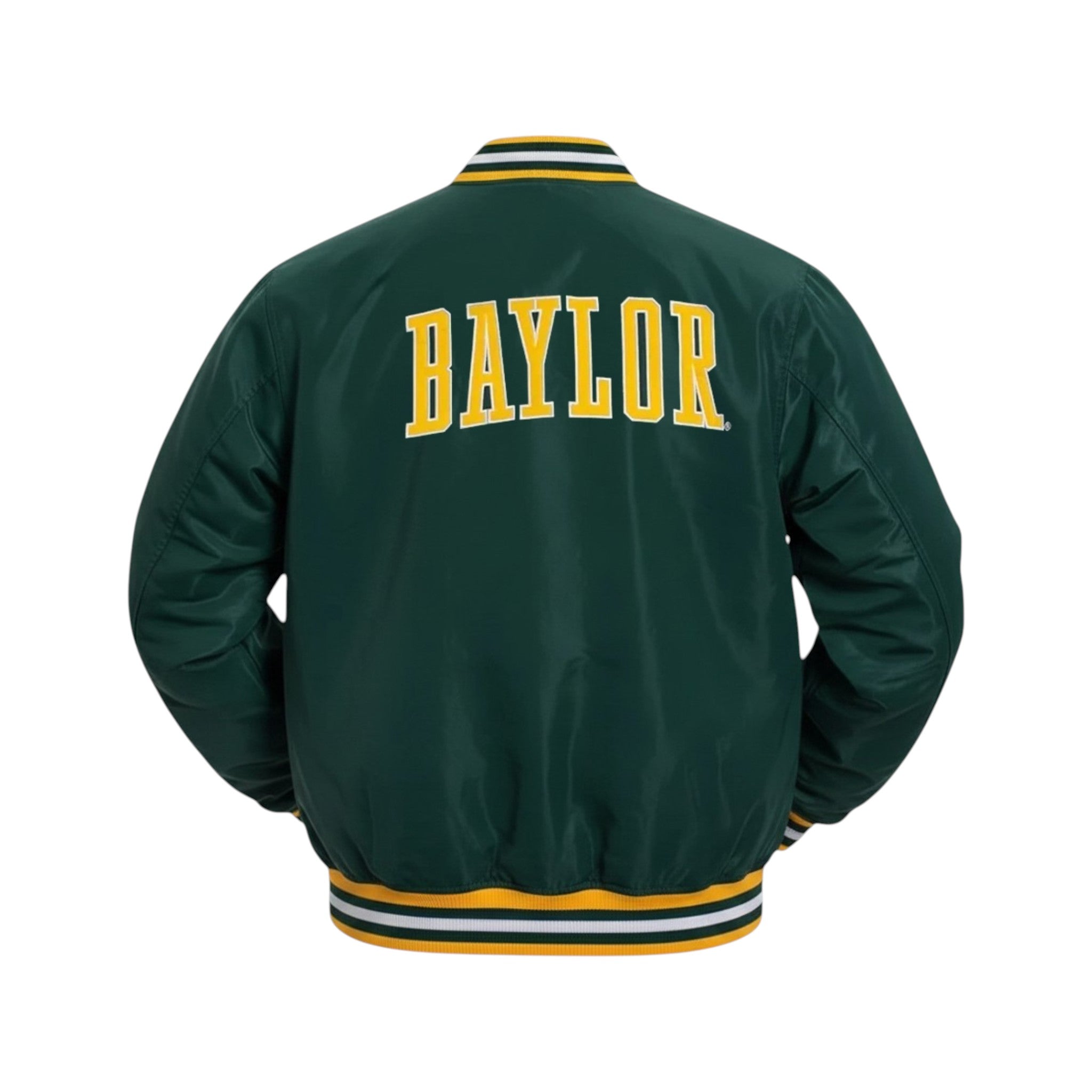 Green jacket with 'Baylor' text on the back against a white background
