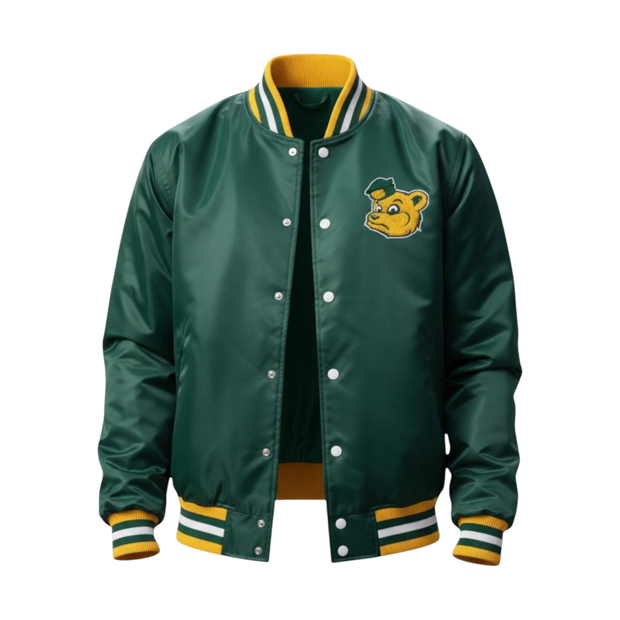 Green varsity jacket with a logo on a white background