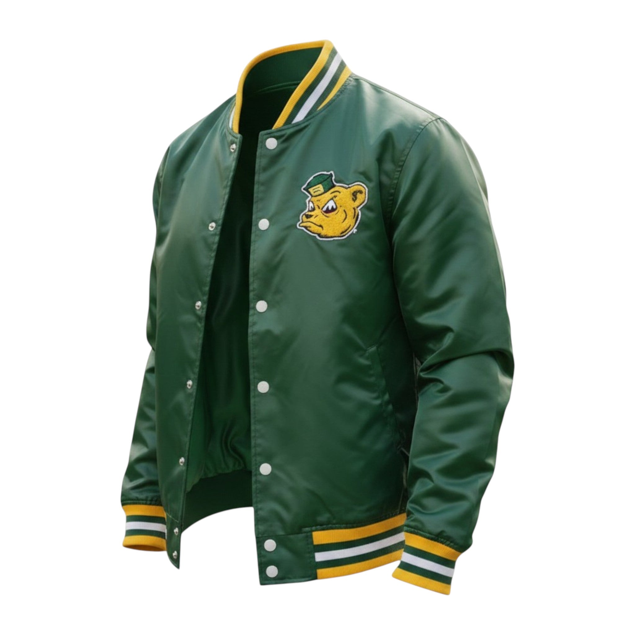 Green varsity jacket with a bear emblem on a white background