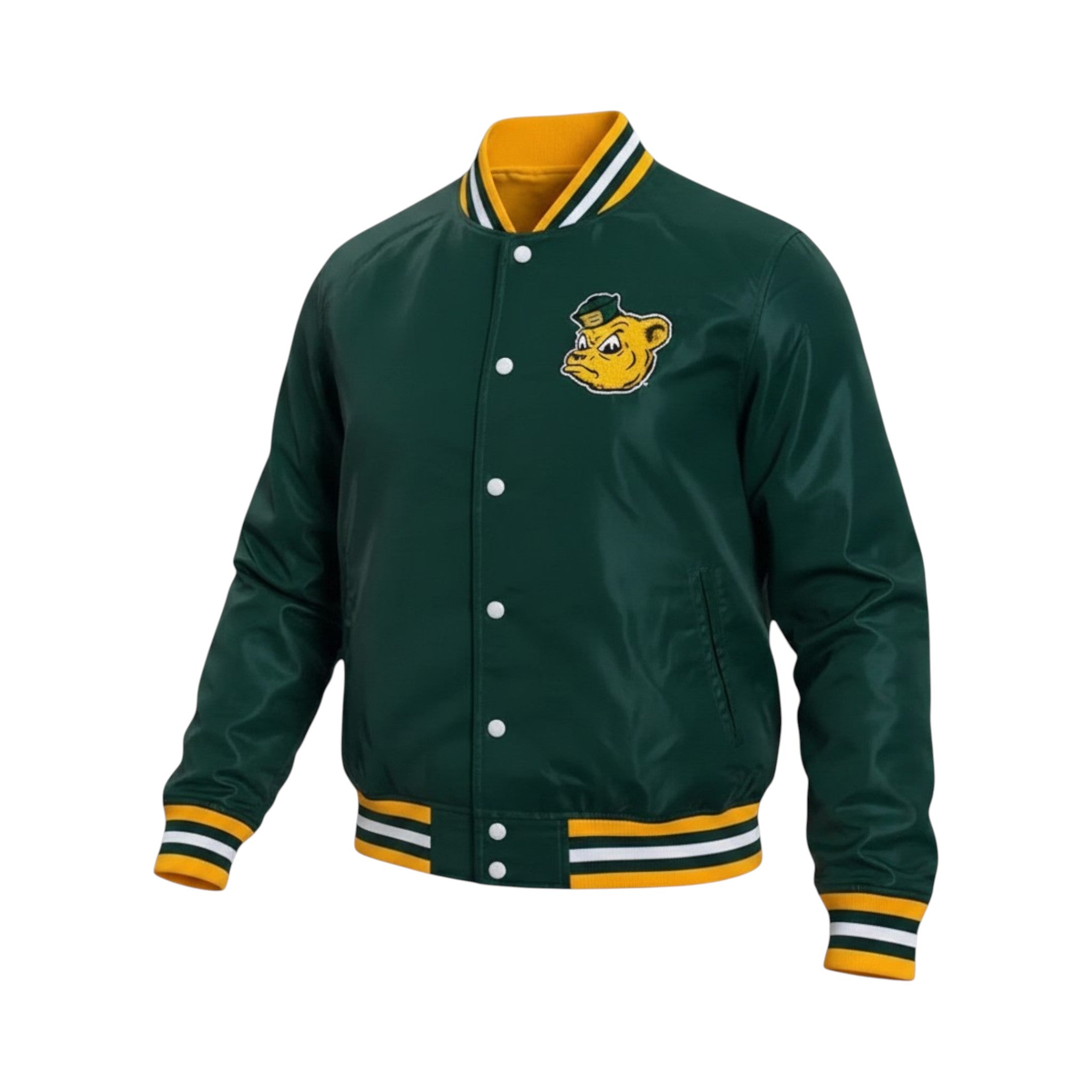 Green varsity jacket with a logo on a white background