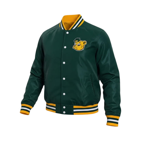 Green varsity jacket with a logo on a white background