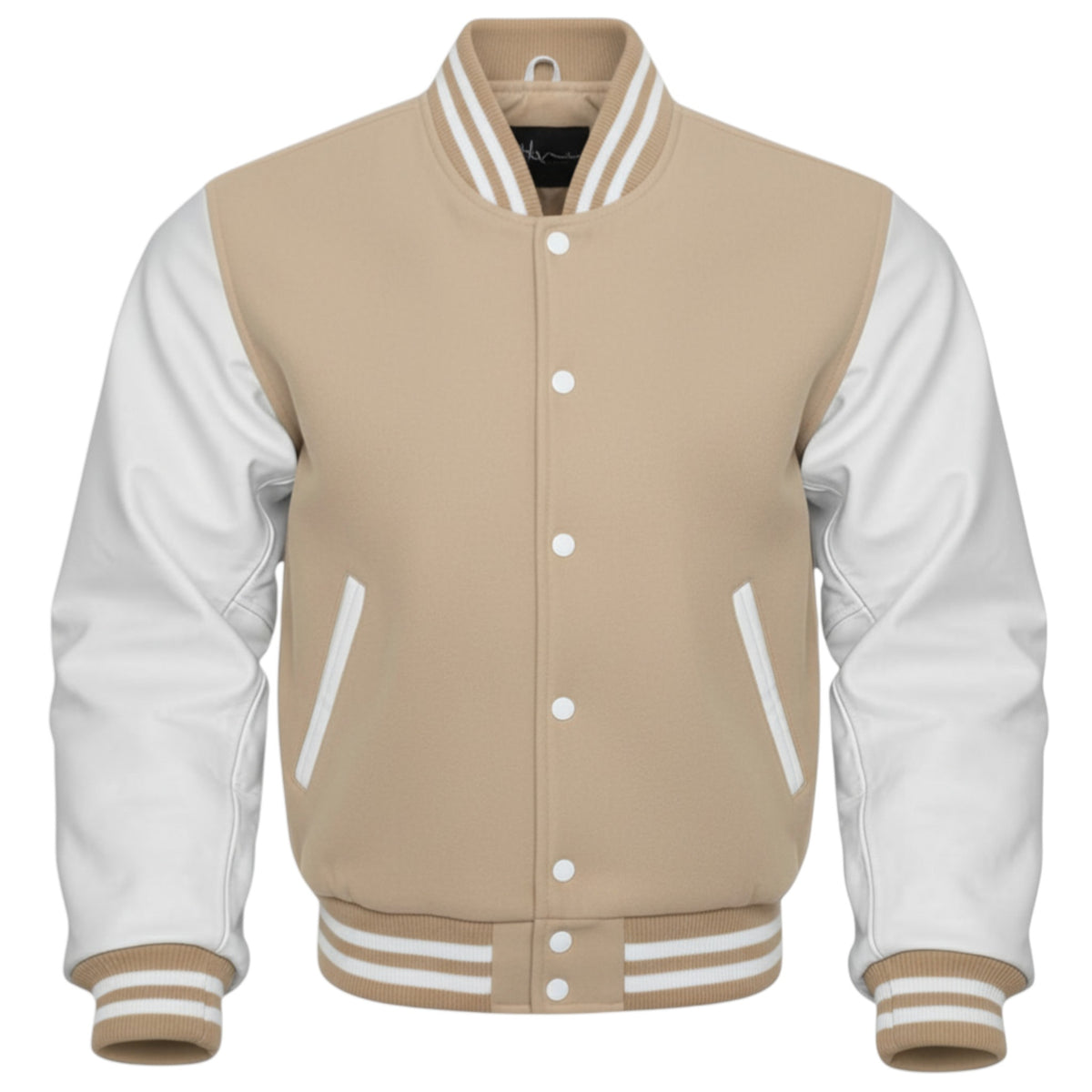 Beige and white varsity jacket on a white background