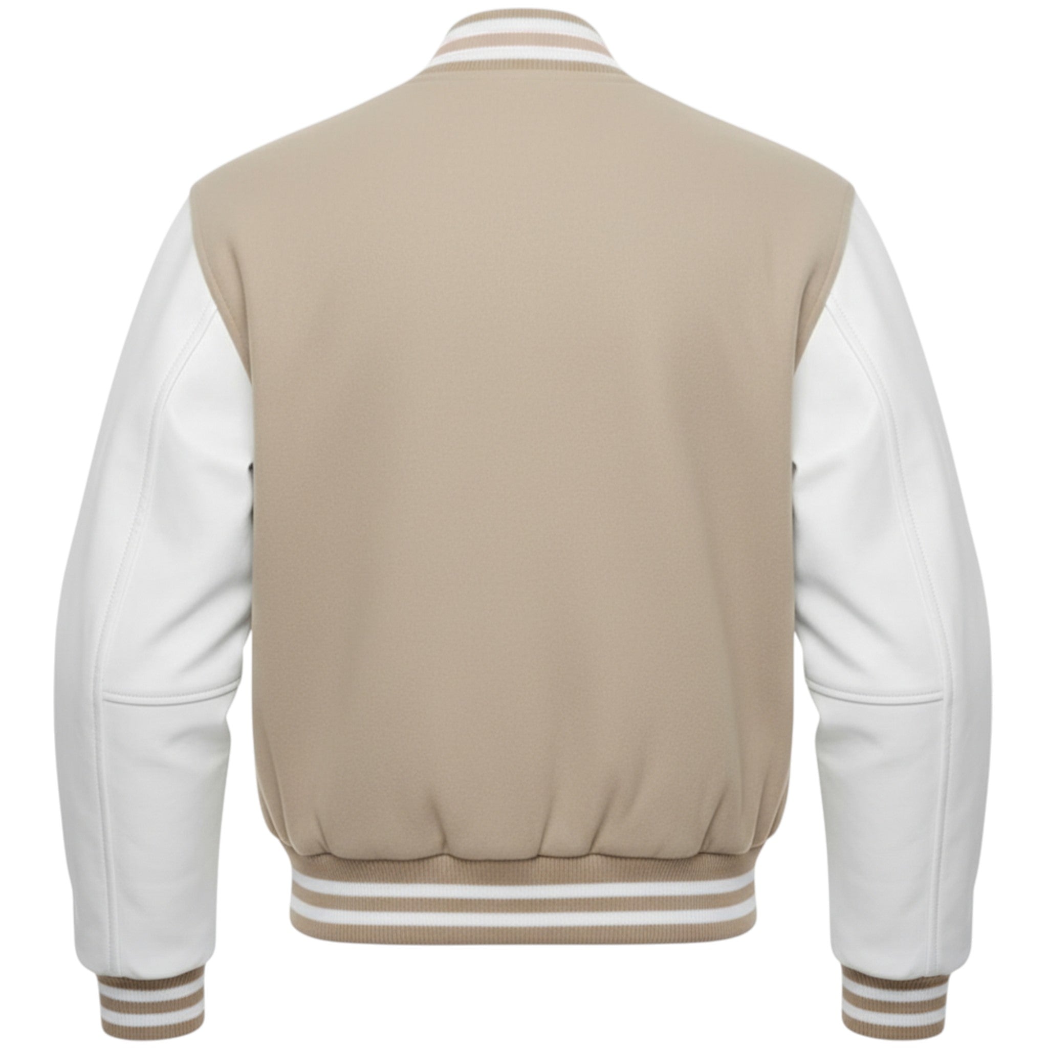 Beige and white varsity jacket on a white background