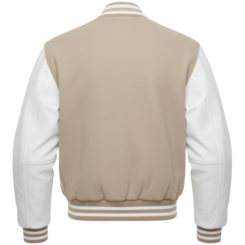 Beige and white varsity jacket on a white background