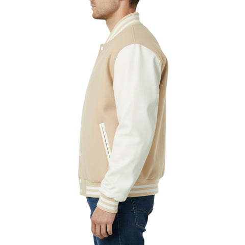Man wearing a beige and white varsity jacket on a white background