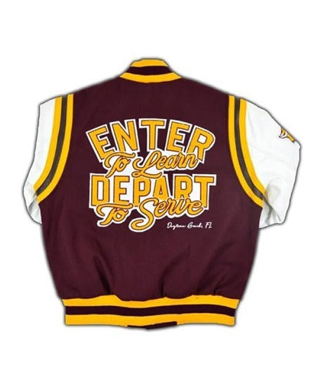A maroon varsity jacket shown from the back, featuring yellow and white stripes on the collar, cuffs, and hem, with large yellow and white text reading 'ENTER To Learn DEPART To Serve' and smaller script text below.