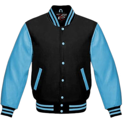 A multicolor wool varsity style jacket with genuine sky blue leather sleeves, featuring a full front snap button closure, ribbing on cuffs, collar, and hem, and multiple pockets.