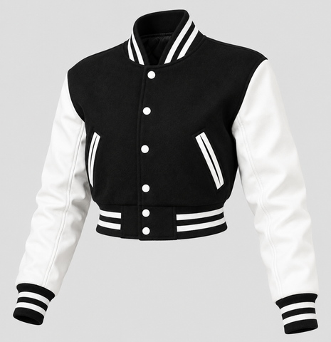 Black White Cropped Varsity Jacket Women Leather Sleeves