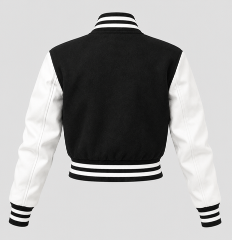 Black White Cropped Varsity Jacket Women Leather Sleeves