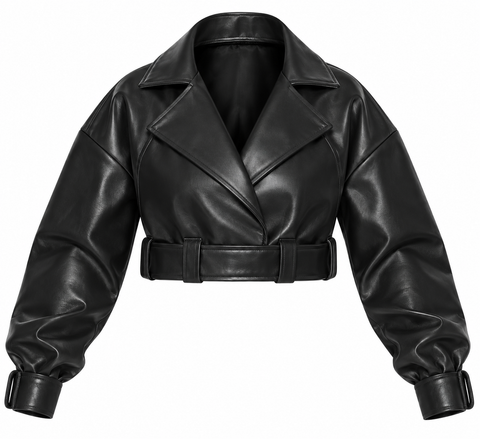 Women’s Black Cropped Genuine Leather Jacket with Belt