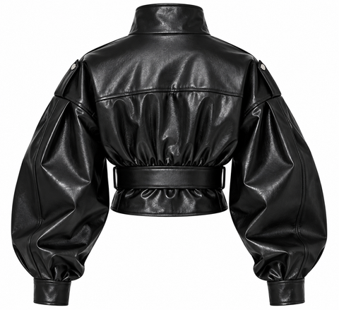 Women’s Black Genuine Leather Cropped Jacket with Belt – High Neck