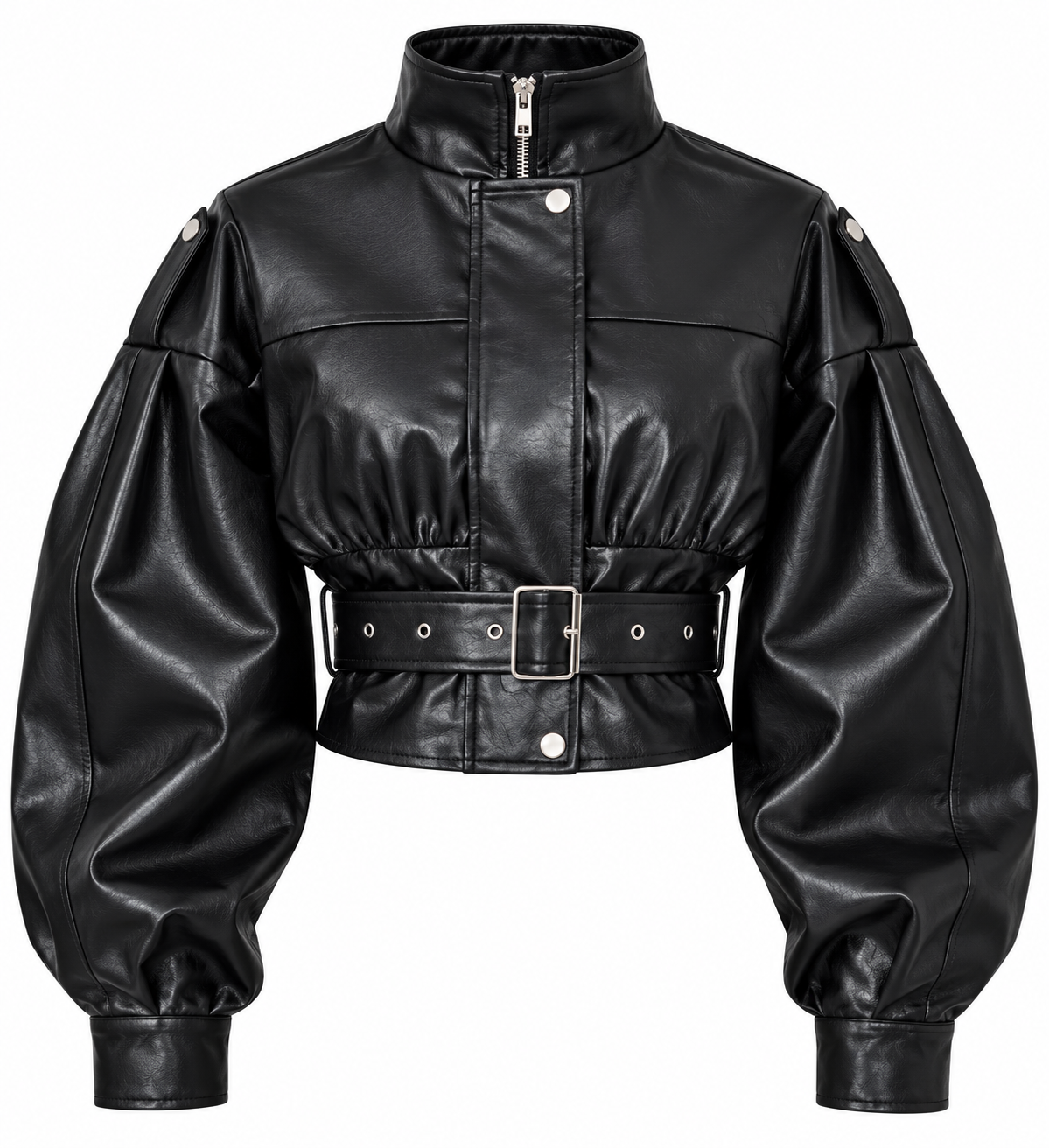 Women’s Black Genuine Leather Cropped Jacket with Belt – High Neck