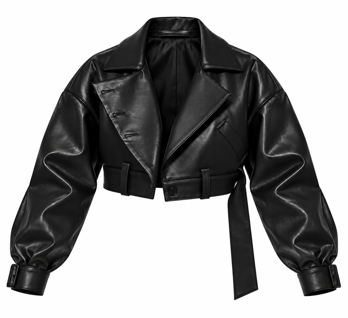 Women’s Black Cropped Genuine Leather Jacket with Belt