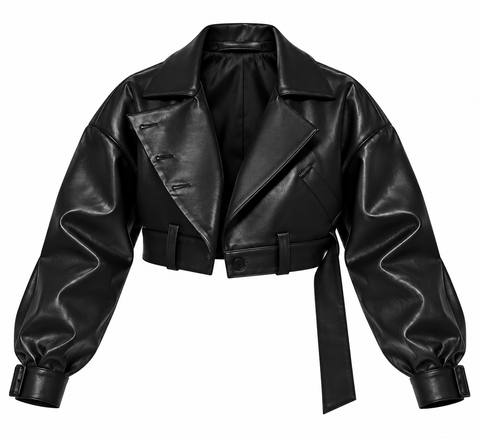 Women’s Black Cropped Genuine Leather Jacket with Belt