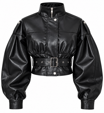 Women’s Black Genuine Leather Cropped Jacket with Belt – High Neck