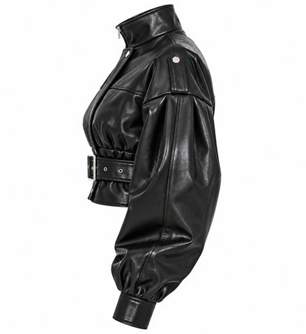 Women’s Black Genuine Leather Cropped Jacket with Belt – High Neck