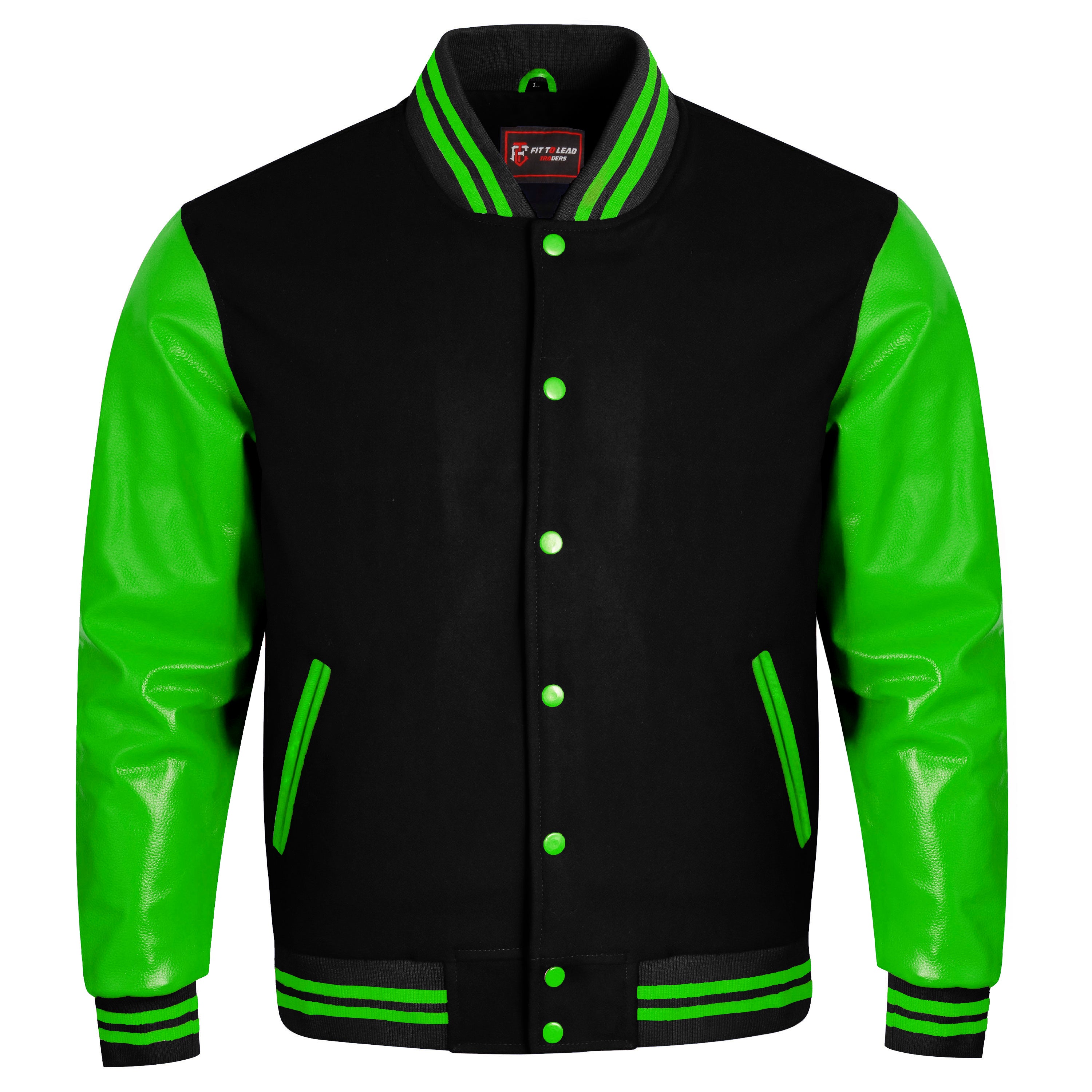 A varsity-style jacket with a black body and bright neon green sleeves, green trim, and green buttons, shown on a plain white background.