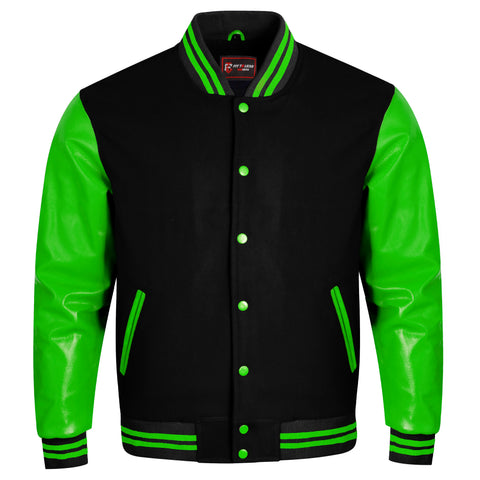 A varsity-style jacket with a black body and bright neon green sleeves, green trim, and green buttons, shown on a plain white background.